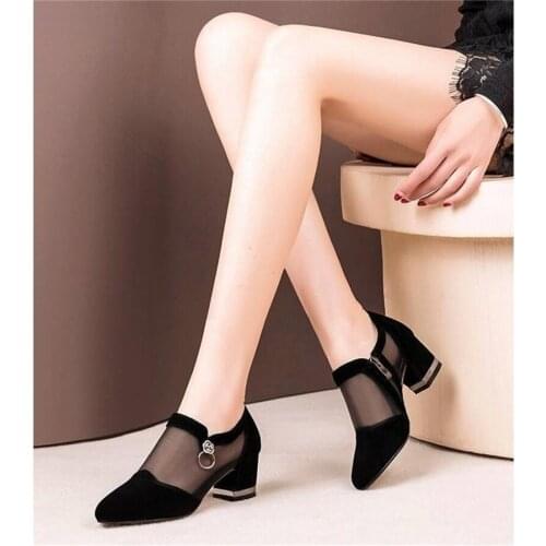 Women High Heel Shoes Mesh Breathable Pomps Zip Pointed Toe Thick Heels Fashion Female Dress Shoes Elegant Footwear