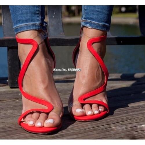 ALMUDENA Women Gorgeous Red Suede S-shape High Heel Sandals Clear PVC Strap Patchwork Dress Shoes Exquisite Wedding Shoes Pumps