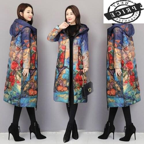 Winter Womens Coats Thick Warm Down Jacket Long Down Parka Plus Size aXL Print Coat Female Hooded Fashion Clothes LWL1336