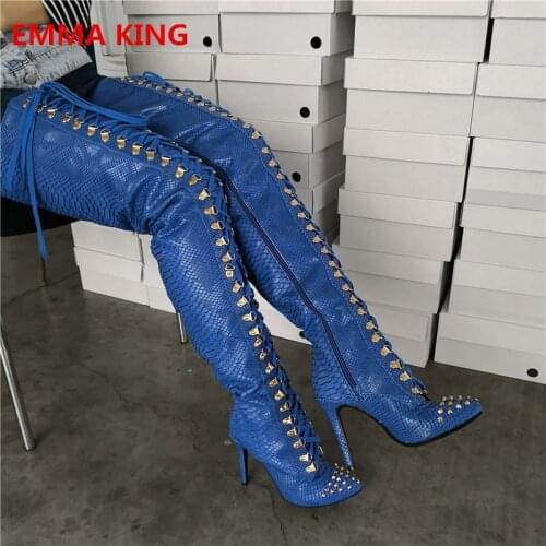 Blue Snake Prints Lace-Up Rivets Design Women Winter Thigh High Boots Pointed Toe Stiletto High Heels Knight Boots Leather Boots