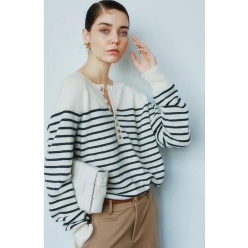 Womens round neck cashmere sweater French half open collar buttoned horizontal striped cardigan long-sleeved pullover lazy knit