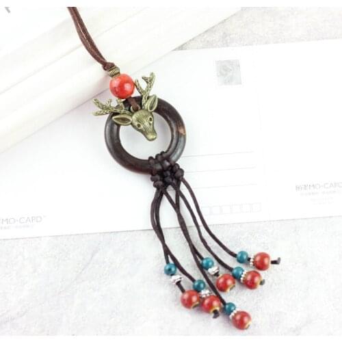 Long Pendant Necklace For Women Men Vintage Elk Deer Pendant Necklaces Ceramic Beads Strand Long Tassel Pendants Choker Jewelry