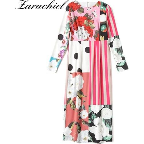 2021 Spring Summer Runway Flower Printed Beach Vintage Casual Midi Dress Women Long Sleeve Dot Striped Patchwork One Piece Dress