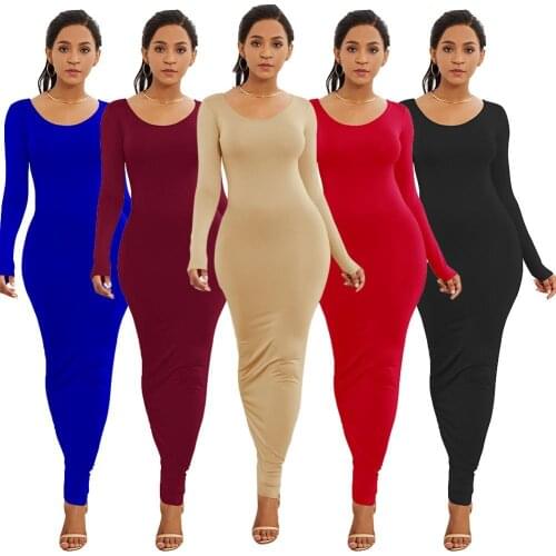 Spring Autumn Sexy Women Solid Color Long Sleeve Round Neck Bodycon Maxi Dress