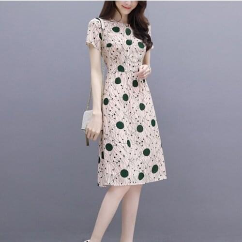Fashion Dot Print Thin Slim High Waist Summer Dress Short Sleeve O-Neck Midi A-Line Dresses For Women Vestidos Plus Size 3XL