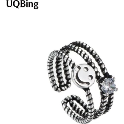 100% 925 Sterling Silver Retro Vintage Smile Rings Black Layer Open Rings Jewelry