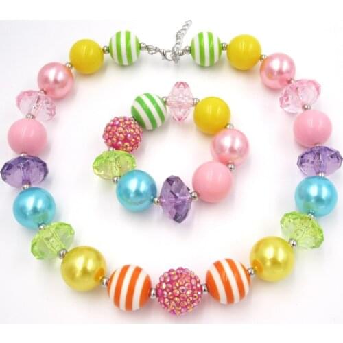 2PCS/SET Unique Birthday Gifts Jewelry Sets For Girls Clear Flat Chunky Beads Strand Bubblegum Necklace Stretched Bracelets Set