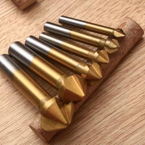 6Pcs 3 Flute HSS Titanium Coated Chamfer Chamfering End Mill Cutter Drill Bit Kit Countersink Set Carpenter Woodworking Tools