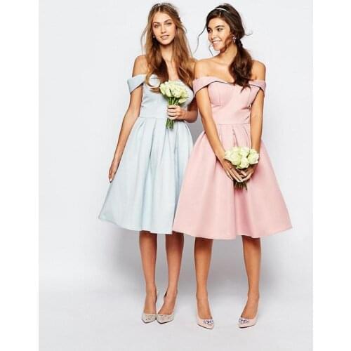 Off the Shoulder Satin Homecoming Dresses Knee Length Short Evening Gowns Pink Robe De Soiree