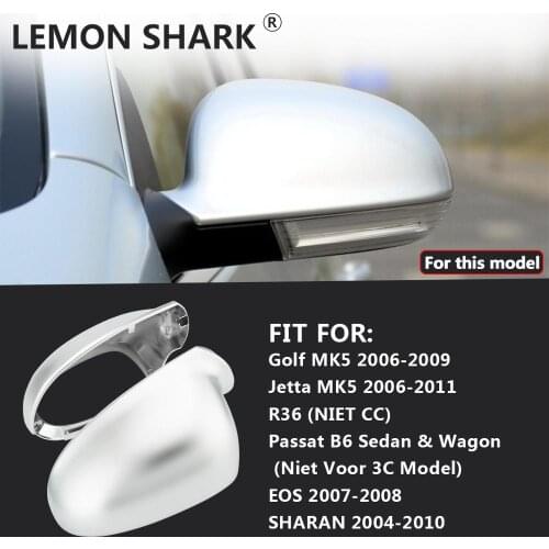 LEMON SHARK Car Matt Chrome Mirror Covers Cap Rearview Silver Side Mirror Cover For VW 2006-2010 Jetta MK5 Passat B6 Golf5 GTI 5
