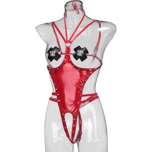 Black Red Patent Leather Lingerie Hollow Temptation Underwear Teddy Lingerie Catsuit Erotic Sexy Exciting Handcuffs Nightwea