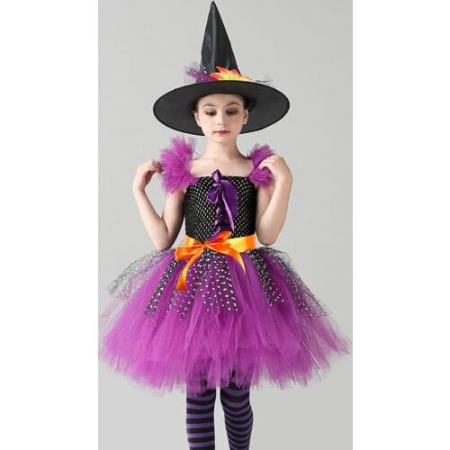 Children Kid Dancing Performance Halloween Witch Cosplay Tutu Dresses for Girls Puff Sleeve Backless Purple Carnival Party Dress