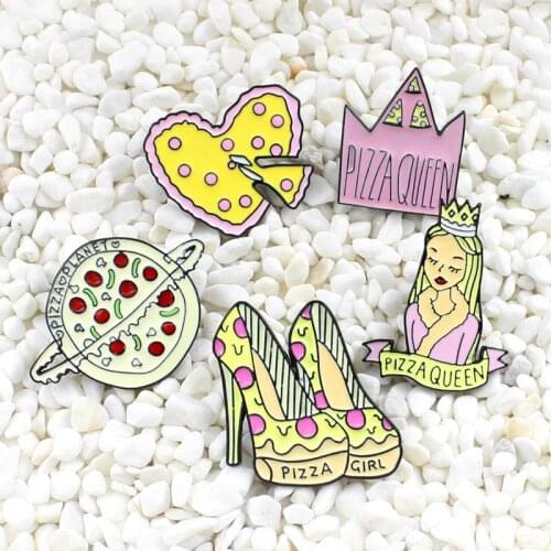 Pizza queen sweet Pink Wave point Crown pizza girl Love Planetary surround High heels Enamel brooch Romantic cute series badge