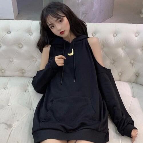 Moon Print Sexy Off Shoulder Long Loose Hoodie Sweatshirt Teenager Women Girls Hip Hop Streetwear Female New Pullovers E244
