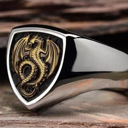 Shield Dragon Ring Silver Color Brand Triangle Shape Logo Design For Mens Cocktail Party Finger Accessories Jewelry