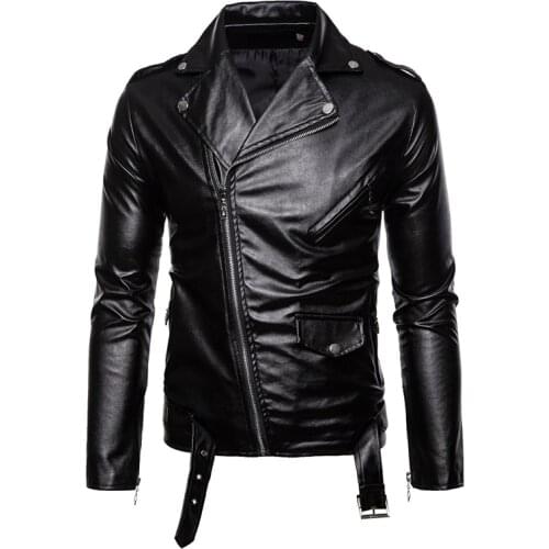 New Autumn Mens Leather Jacket Button Zipper Motorcycle Leather Jacket Men Slim Fit Black Punk Jacket Male Faux Leather Coat