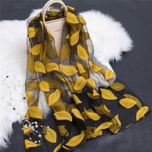 Summer Breeze Lightweight Sheer Womens Wrap Organza Gauze Scarf Leaves Embroidery Beach Shawl Elegant Casual Long Soft Scarves