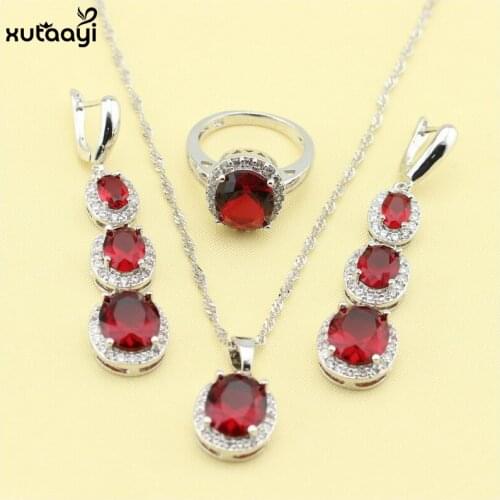 XUTAAYI Fashion Silver colorcolor Jewelry Sets Flawless Red Stones Necklace Rings Earrings Wedding Jewelry