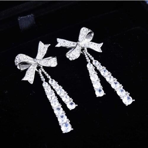 Fashion Bowknot Earrings Tassels Shiny Zircon Charm Elegant Jewelry For Women Wedding Party 925 Silver Unusual Earrings