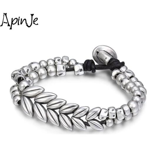 Apinje Vintage 925 Sterling Silver Bracelet for Men And Women Thai Silver Bracelets Beads Wheat Fine Fashion Jewelry