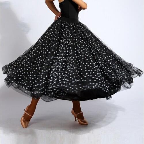 2018 New Ballroom Practice Skirt Black Snowflakes Flocking Yarn Fishbone Long mermaid Standard Skirt Led Wing Accessories
