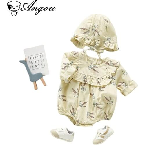 Angou 2021 New Autumn Toddler Baby Girls Outfit Romper Long Sleeves Jumpsuit Floral Ruffle Infant Baby Clothes With Hat 0-3Yrs