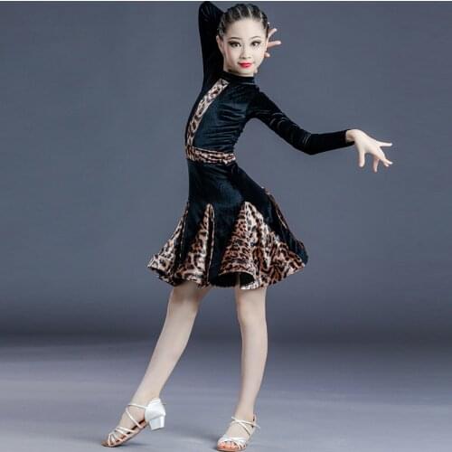 New Children Latin Dance Dress Autumn Winter Girls Long Sleeve Leopard Print Practice Competition Performance Costumes One-piece