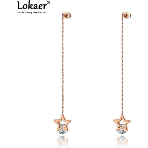 Lokaer Bohemia Stainless Steel CZ Crystal Star Tassel Earrings Jewelry Rose Gold Ear Line Dangle Earrings For Women Girls E20005