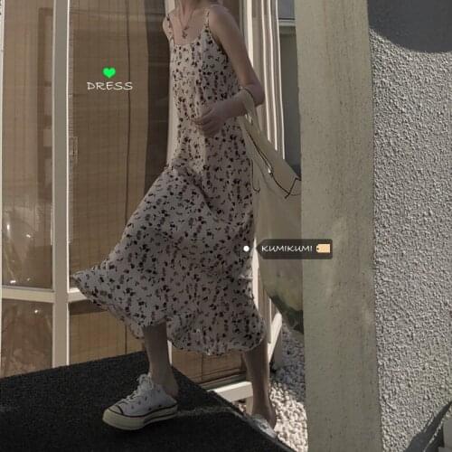 Party Dress French Retro Sling Dress Female Spring Korean Version Was Thinner with A Mid-length Chiffon Ruffled Floral Dress