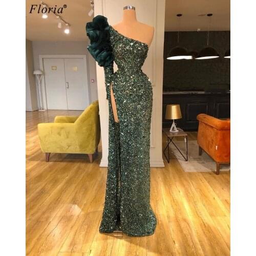 Gorgeous Abendkleider Heavy Handmade Evening Drsses Muslim One Shoulder Evening Gowns Long Sexy Prom Dresses Woman Couture Robe