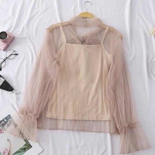 Women Summer Flare Sleeve Lace Up Bandage Basic Bow Shirt Casual Slim High Waist Mesh Gauze Pullover Voile Ruffles Blouse Tops