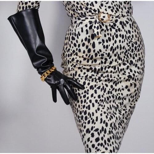 Womens faux pu leather wide sleeve long gloves female gold silver chain leather gloves 50cm R1729