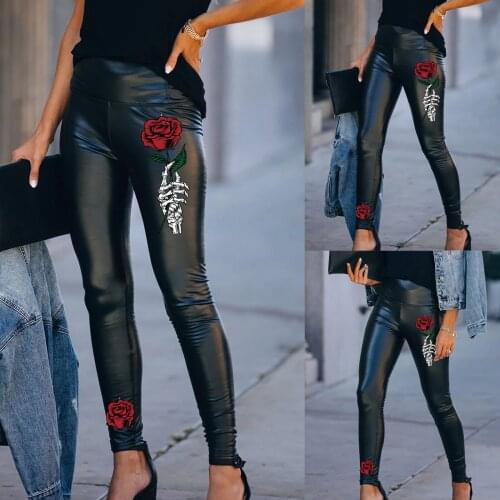 Imitation Leather Pants Women Halloween Skull Flower Prints Leggings High Waist Black Leather Leggings High Street Wear