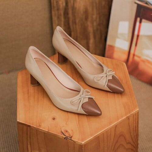 Osunlina 2021 New Pumps Butterfly Knot Design Pointed Toe 6cm High Heels Pumps Handmade Genuine Leather Woman Slip On Shoes