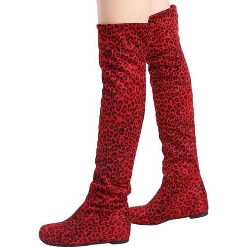 Autumn New Women Boots Fashion Leopard Print Flat Bottom Ladies Shoes Winter Over The Knee Thigh High Suede Long Boots