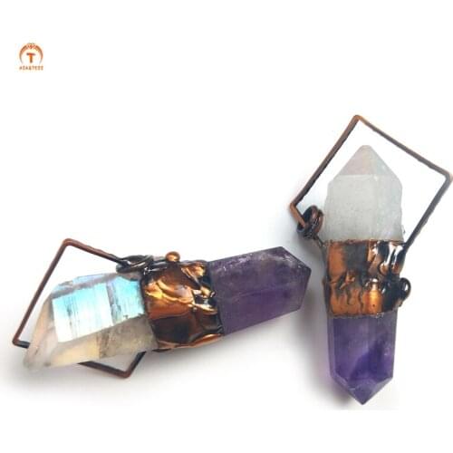 Natural Amethyst Hexagon Prism Pendant Healing Electroplate Clear Quartz Pendant For Women Necklaces Gothic Jewelry Set Design