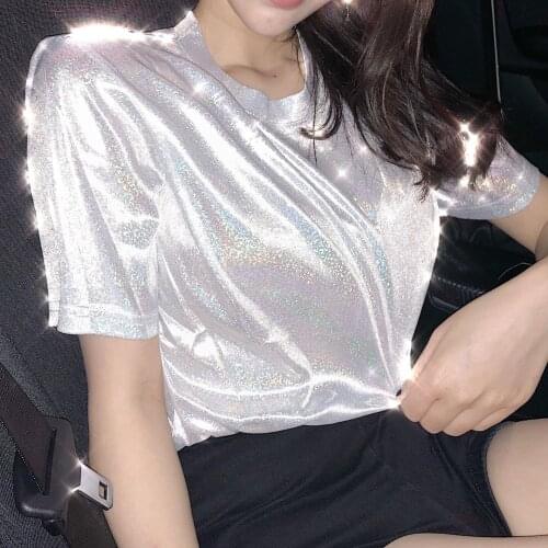 Glitter Tshirt Lady Sequined Bling Shiny Shirt Top Loose Short Sleeve T-Shirt Fashion Casual Sexy Clubwear Moda Roupas Feminina