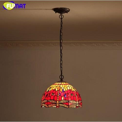 FUMAT Stained Glass Pendant Light Red Dragonfly Lampshade Lamp For Kithen Dining Room Vintage Creative Glass Art Pendant Lamps