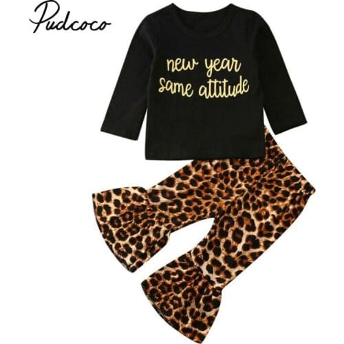 2020 New Years Long Sleeve T-shirt Leopard Flare Pants Spring Children Girls Clothing Newborn Infant Baby Girls Clothes Sets