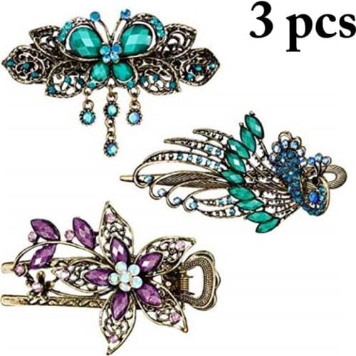 3pcs Crystal Hair Clips Rhinestone Flower Hair Pins Vintage Butterfly Hairpin Peacock Hair Clip for Women Hair Accessories