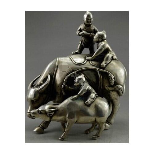 Copper Crafts Brass decoration Fine Brass Collectible Decorate Old Tibet Silver 3 Child Play On Cattle Lead Ox Statue