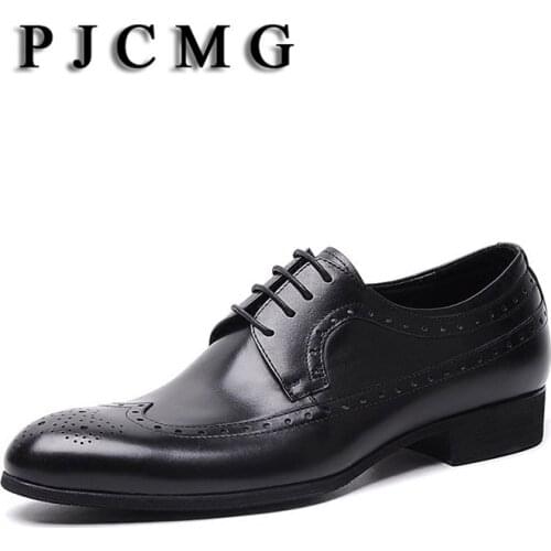 PJCMG New Black/Brown Oxfords Formal Mens Dress Lace-Up Pointed Toe Carved Genuine Leather Business Men Wedding Shoes