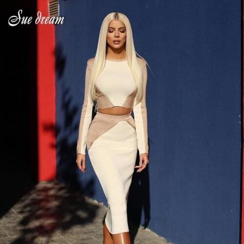 2021 New WomenS Sexy Hit Color Long-Sleeved Stitching Side Zipper Bodycon bandage Two-Piece Set Celebrity Party Club Suit