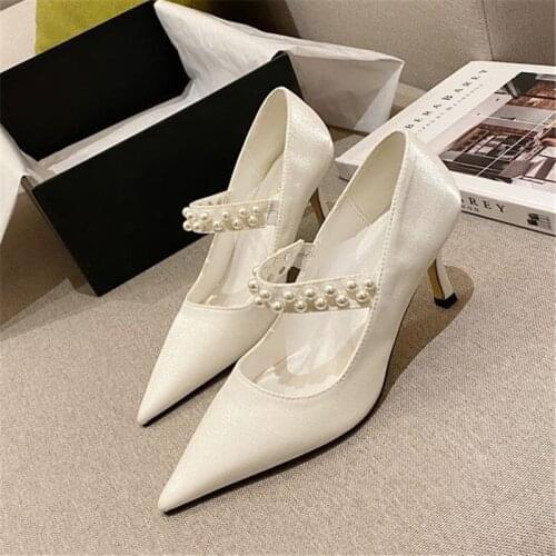 New Arrival Silk Pearl High Heels Women Shoes Pointed Toe Elegant Shoes For Women Stiletto Heel