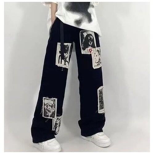 New punk patchwork pattern jeans graffiti Korean fashion loose Harajuku womens hip-hop street super wide-leg pants 90s retro