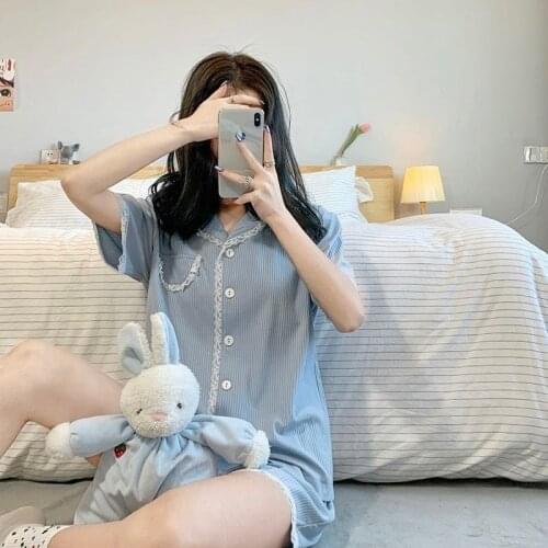 Qweek Womens Sleepwear Cotton Suits with Shorts Pajamas Korean Style Lace Pyjamas Two Piece Set Summer Pijamas Comfortable