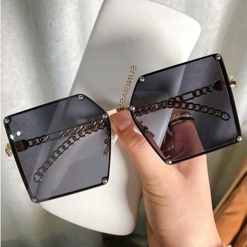 Brand Rimless Sunglasses Vintage Luxury Square Shades Womens Glasses Chain Oversized Sun Glasses for Man Women Unisex UV400