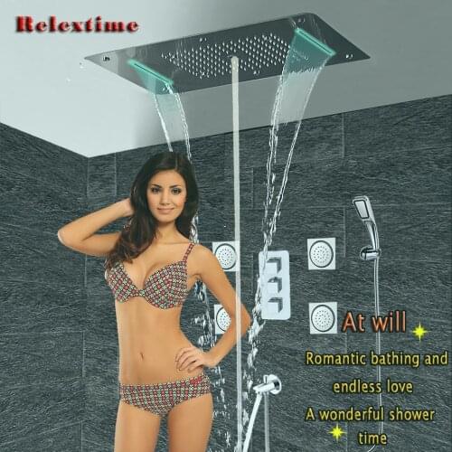 Relextime 6 Function thermostatic Shower Faucets Set LED Rainfall Shower Head Waterfall Spout 6 way Mixer Tap Bathroom Shower