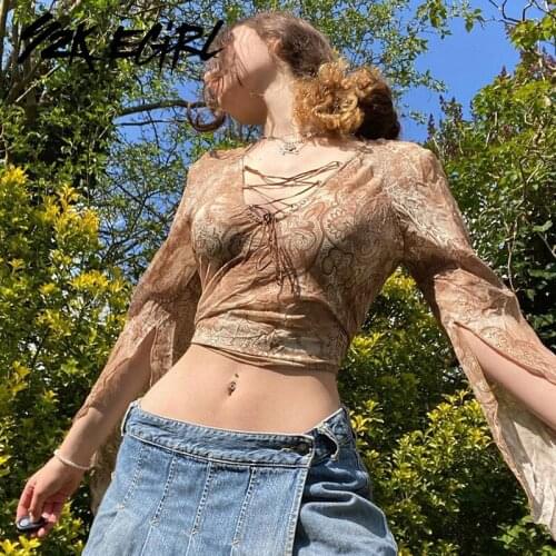 Y2K EGIRL Vintage Y2K Streetwear Lace-Up Mesh T-shirts Fairycore Aesthetics Flare Sleeve Lettuce Trim Crop Tops Cute Retro Tees