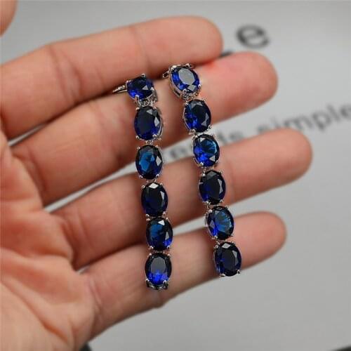 Luxury Female Crystal Blue Stone Earrings Charm Silver Color Hoop Earrings For Women Long Rainbow Oval Wedding Earrings